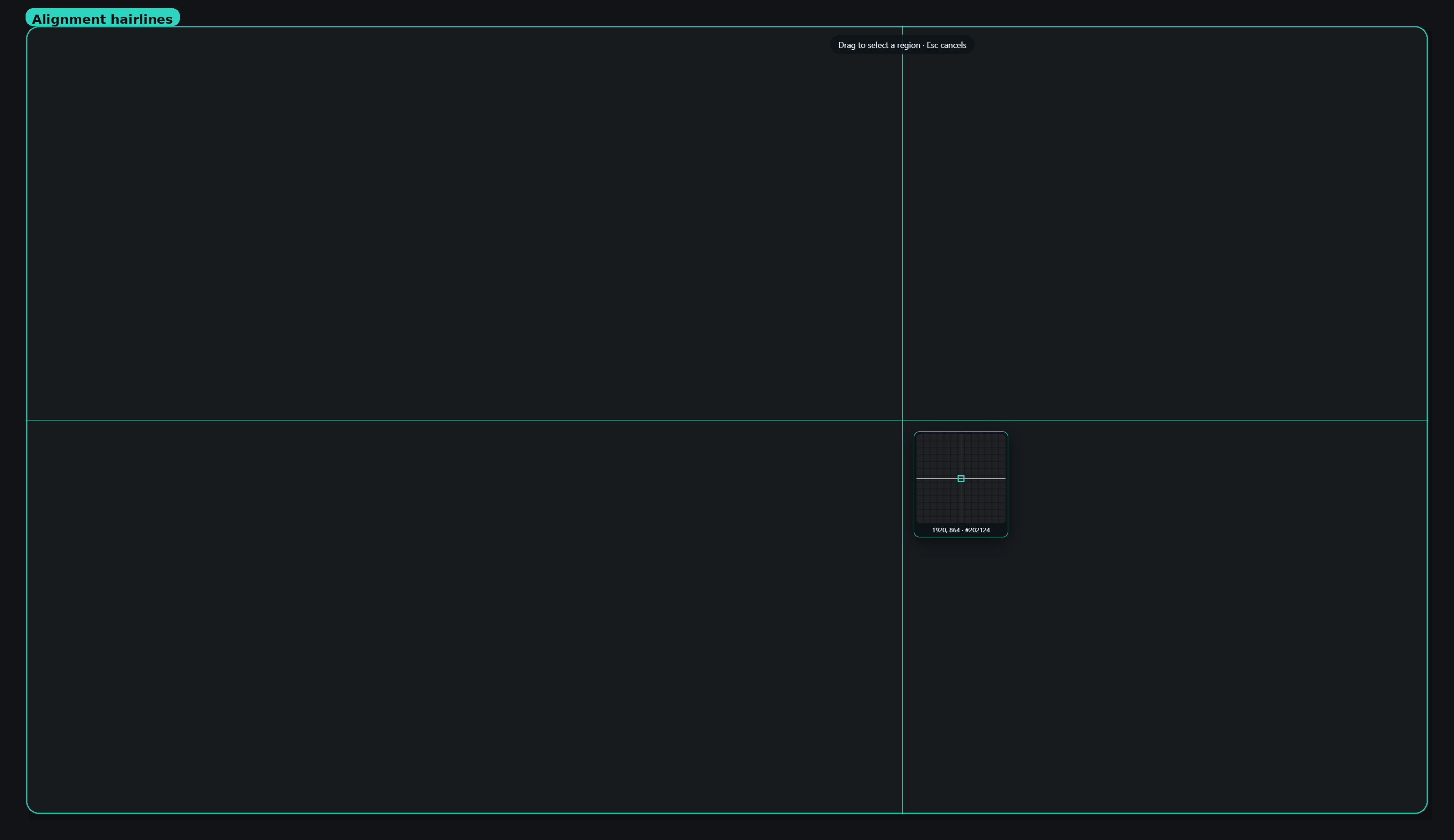 ScreenMark Desktop region overlay with full-screen alignment hairlines, a pixel loupe, and a drag-to-select tip