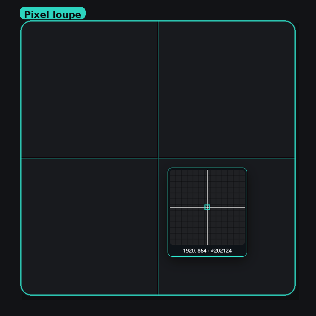 ScreenMark Desktop pixel loupe close-up showing a magnified grid, crosshair, coordinates, and color hex